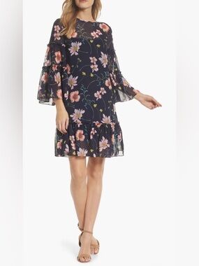 Eliza J Navy Floral Bell Sleeve Dress